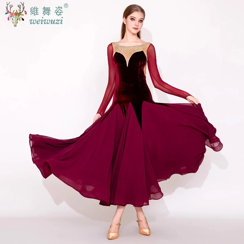 فستان رقص نسائي لقاعة الرقص مخملي بأكمام طويلة وأحجار الراين اللامعة فساتين رقص حديثة لمرحلة الفالس التانغو #1