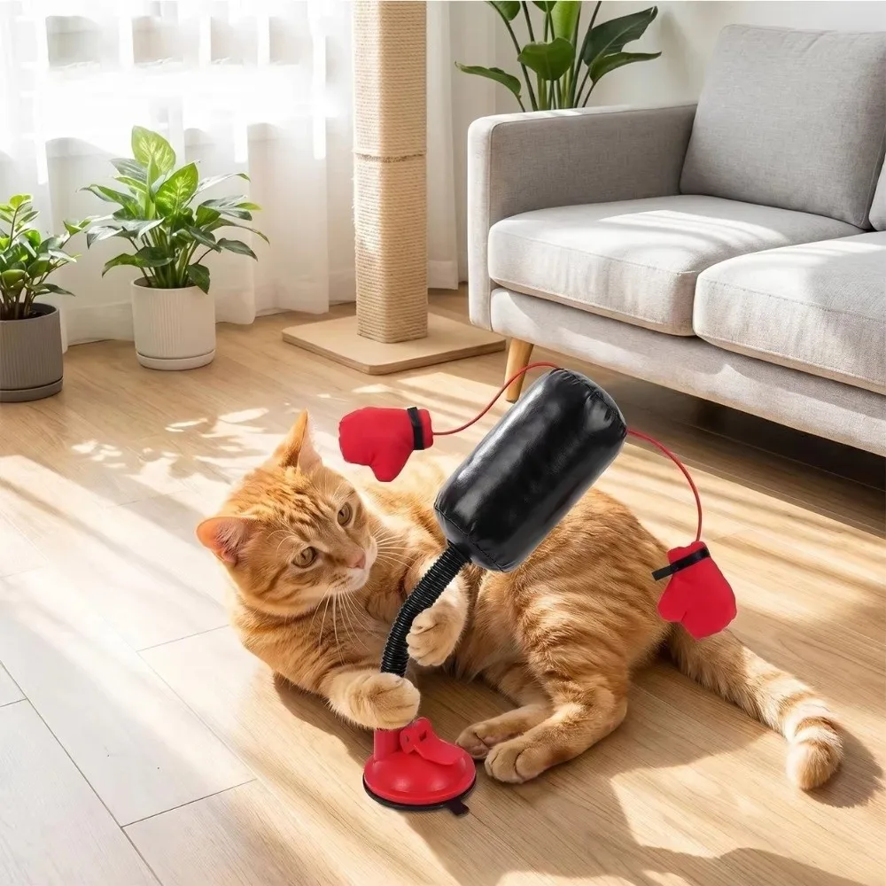 Creative Cat Boxing Toy Standing Self-Play Pet Punching Bag Toy Suction Cup Base Boxing Gloves Interactive Cat Toy Home Use