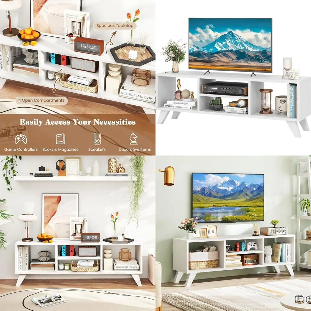 

Современная белая тумба под телевизор для телевизоров с диагональю 55 дюймов, компактный развлекательный центр с 4 открытыми полками, идеально подходит для гостиной, спальни или кабинета.