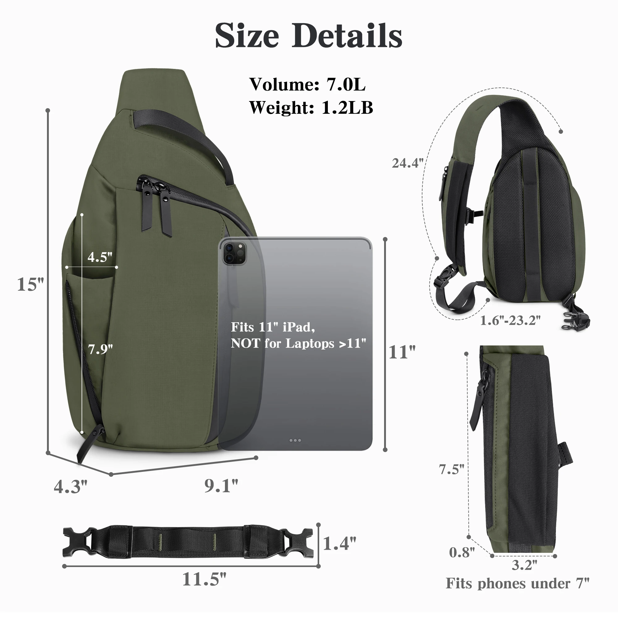 Outdoor Crossbody Bag Fashion Chest Bag For Men Sling Backpack Sports Shoulder Bag With Water Bottle Pocket Fits 11" Tablet