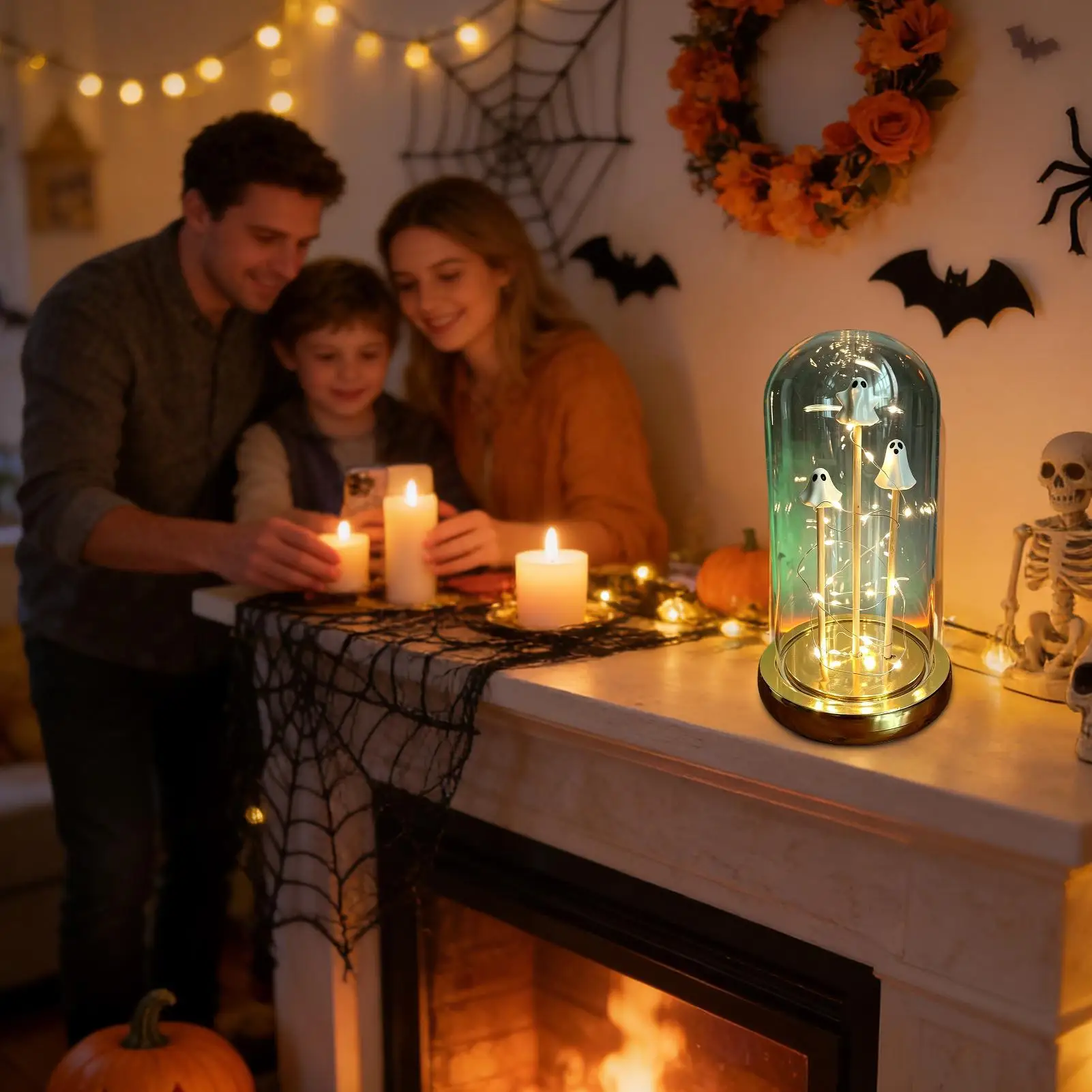 Halloween Ghost Decor Light Warm Transparent Reusable Stable Base Halloween Ghost Figures Glass Dome Lamps For Home Mantel Party