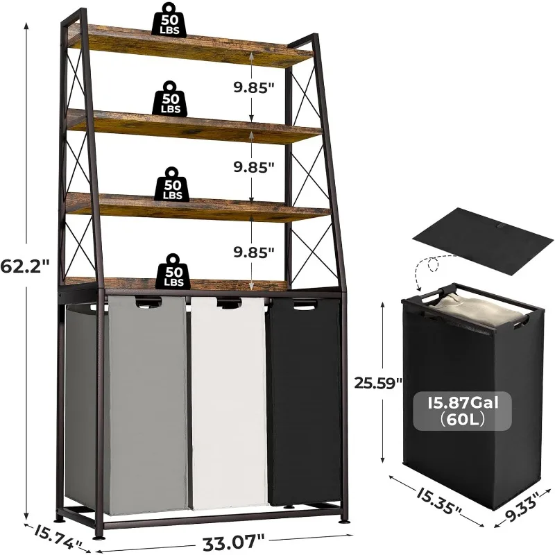 Laundry Basket, 3 Section Laundry Hamper with 4 Tiers Shelf, Pull-Out and Removable Laundry Bags, Large 3 X 15.87 Gallons,