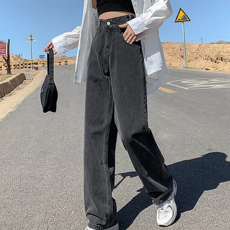 Calças de brim femininas cintura alta chique denim moda calças largas perna lazer comprimento total retro sólido todos os jogos femme solto adolescente