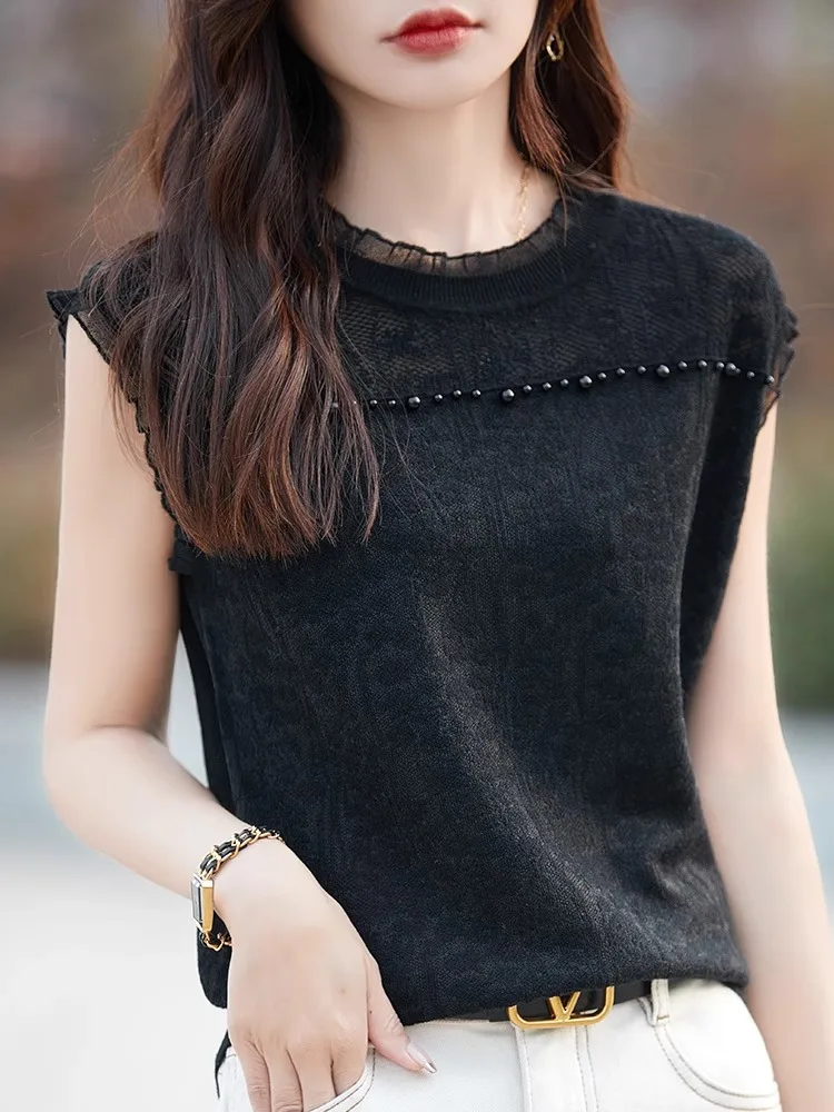 

Lace Splicing round Ne Strap Knitted Wool Vest Women's Precision Spin Flower Pattern No Sve Bead Embellied Base irt