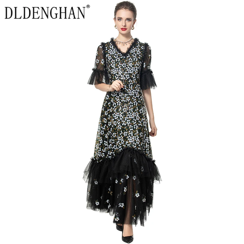 DLDENGHAN vestido largo bordado de lentejuelas para mujer con cuello en V manga acampanada volantes elegantes vestidos de fiesta moda novedad de verano