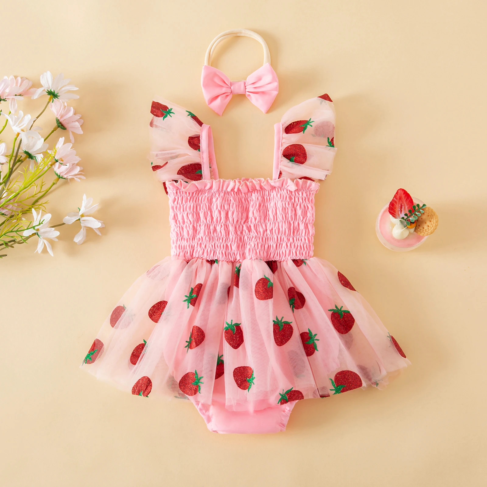 SweetBaby Girls Lace Mesh Bodysuit Sleeveless Square Neck Strawberry Print Romper Dress Bow Headband Set 2 Piece