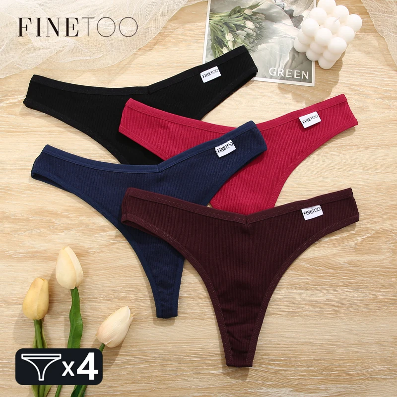 FINETOO 4Pcs Cotton Striped Solid Underwear for Women Sexy V Waist G-string Panties Ladies Comfortable Soft T-back Bikini M-XL