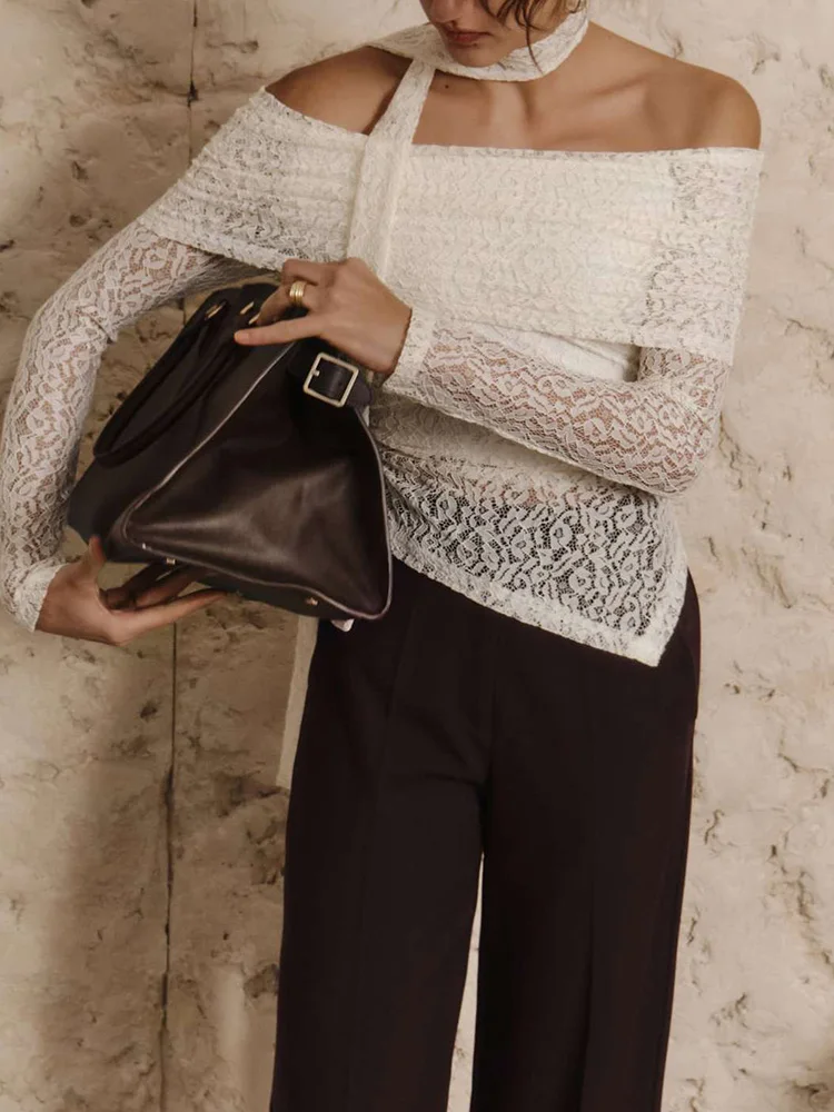 

Sexy Slash Neck Tie-up Draped Women Blouses Spring Elegant Embroidery Lace Irregular Shirt Autumn Long Sleeve Lace Top Pullovers