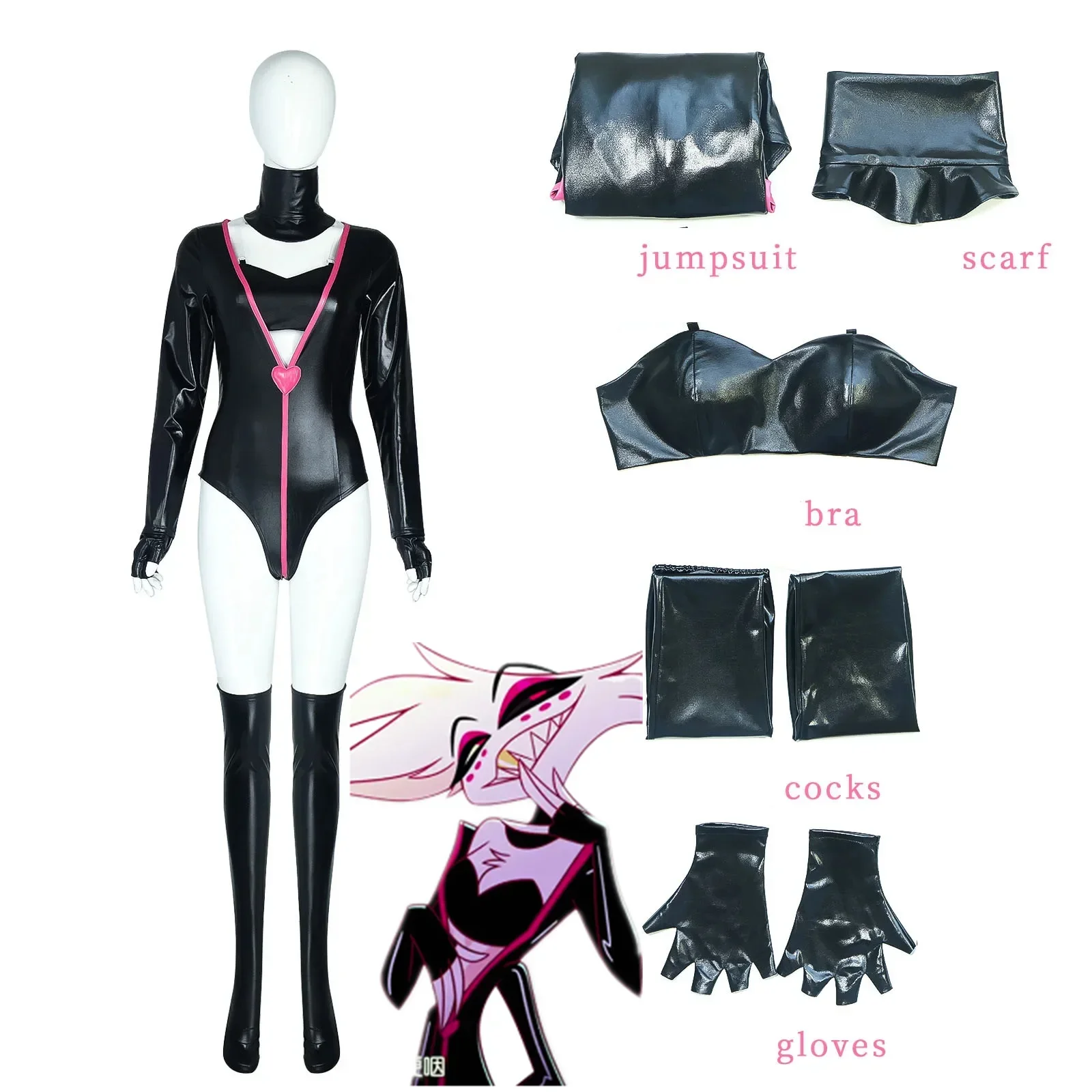 

Hazbin Anime Hotel Dust Angel Cosplay Costumes Women Sexy Leather Bodysuit Bra Scarf Socks Suit Halloween Carnival Party Clothes