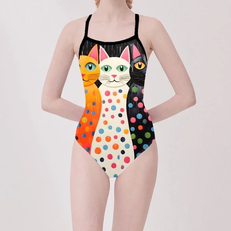 Cute Three Cats Sleeveless Racing Swimsuit One-piece Backless Swimwear Women Printed Bathing Suit Poor Party Girl Outfit Bikini