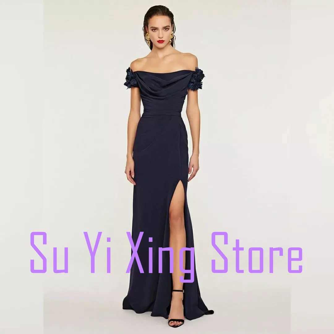 فستان سهرة بحورية البحر مكشوف الكتفين مع زهور ثلاثية الأبعاد فساتين رسمية بدون حمالات للنساء أنيقة باللون الأزرق من الجيرسيه Pr #3