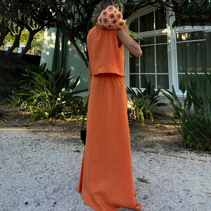 Tuularose Beiläufige Lange Kleid Sets Sommer V-ausschnitt Weste Top Hohe Taille Langen Rock Set Lose Pendler Urlaub Neue Frauen Kleid Sets