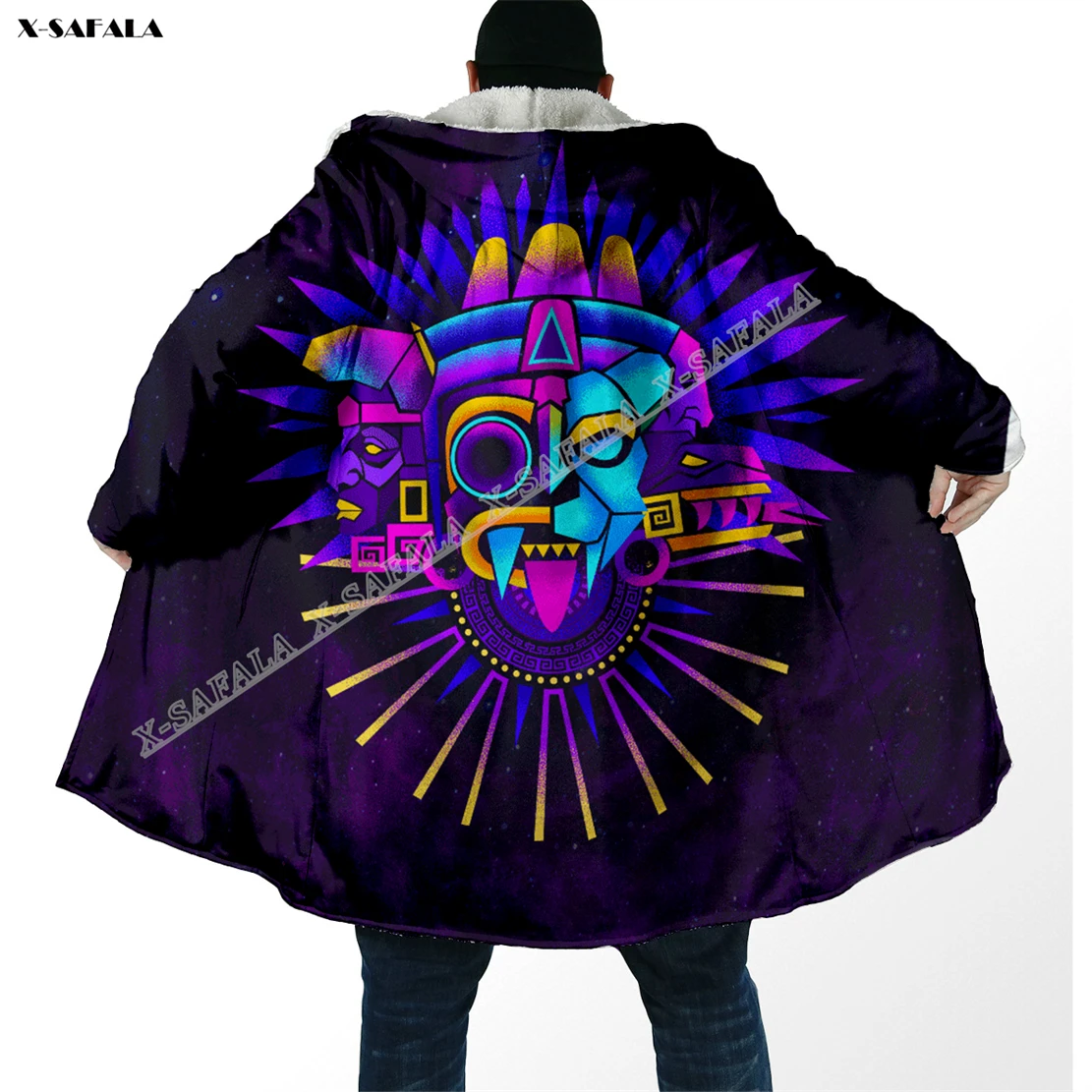 

Tlaloc Quetzalcoatl Deities Mural Art Aztec Mexico 3D Printed Overcoat Hooded Blanket Coat Fleece Men Female Cloak Warm Winter