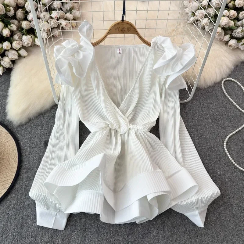 Spring New V-neck Pleated Blouses Vintage Ruffles Slim Waist Blusas Mujer  Long Sleeve 3d Petal Shirts Women