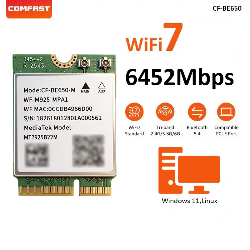 

Сетевая карта Comfast 6452 Мбит/с PCI-E WiFi 7, адаптер Intel AMD Wi-Fi, трехдиапазонный 2.4G/5G/6GHz, BT5.4, для Win11, Linux