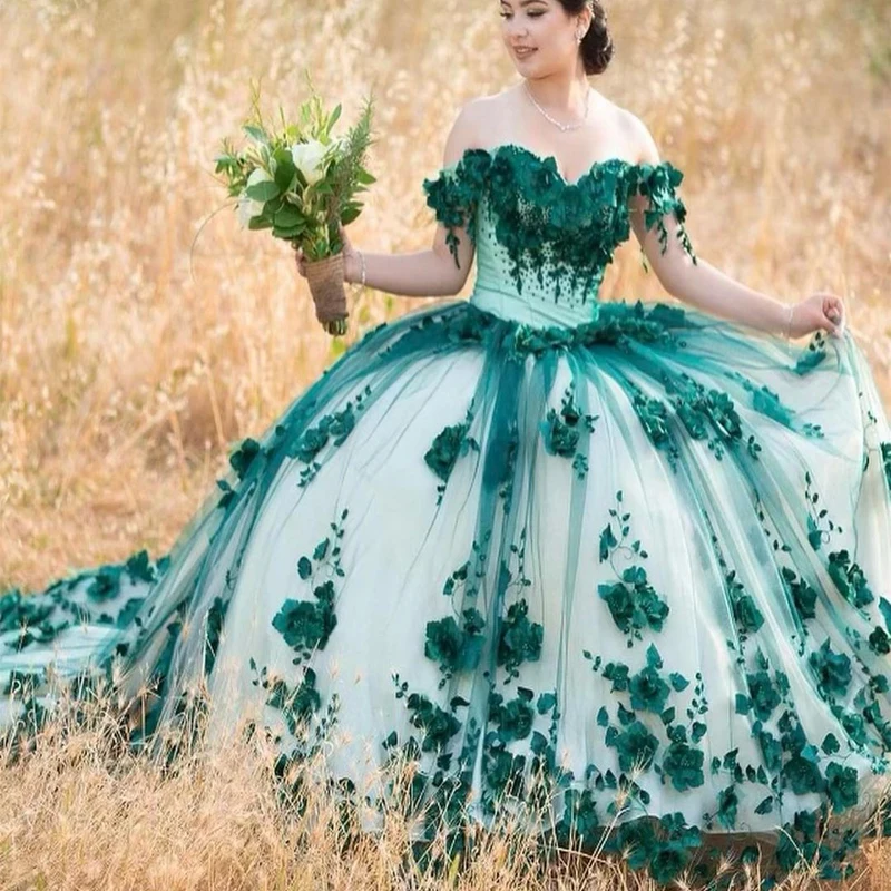 Изумрудно-зеленые платья для Quinceanera с накидкой 15 дюймов, Женская 3d-модель, Золушка 16, платья принцессы, одежда для выпускного вечера и конкурса