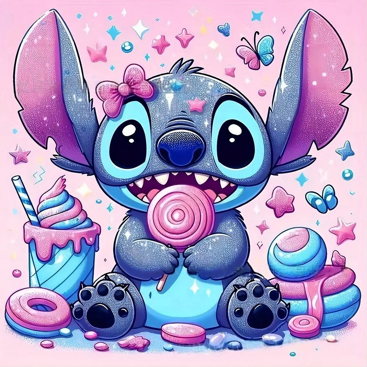 5D Full Round Drill Diamond Painting Kit Wink Cute Blue Cartoon Alien Tropical Plumeria Flower Water Splash Summer Ocean Mosaic