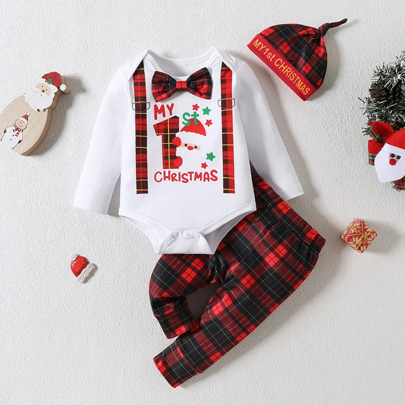 3Pcs Baby Boy Christmas Cartoon Elk Print Long Sleeve Unique Square Print Pants Hat 0-12M Autumn Cotton Outfits