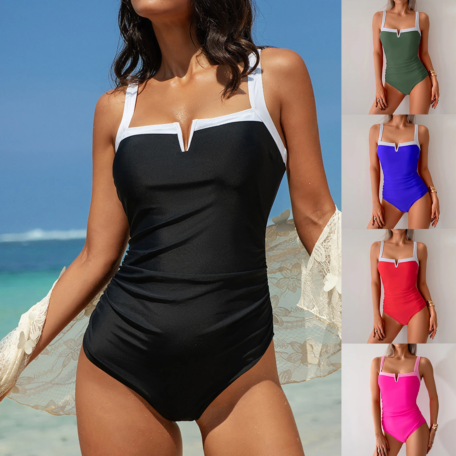 Women's Sexy One-piece Swimsuit Summer Fashion Color-block Design Bikini Style Beach Tummy Control Bathing Suit