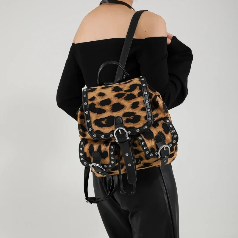 Leopard Rivet Buckle Fashion Oxford Cloth Shoulder Bag Drawstring Flip Personality 2024 Hot Sale Bags for Women Bolsas Femininas