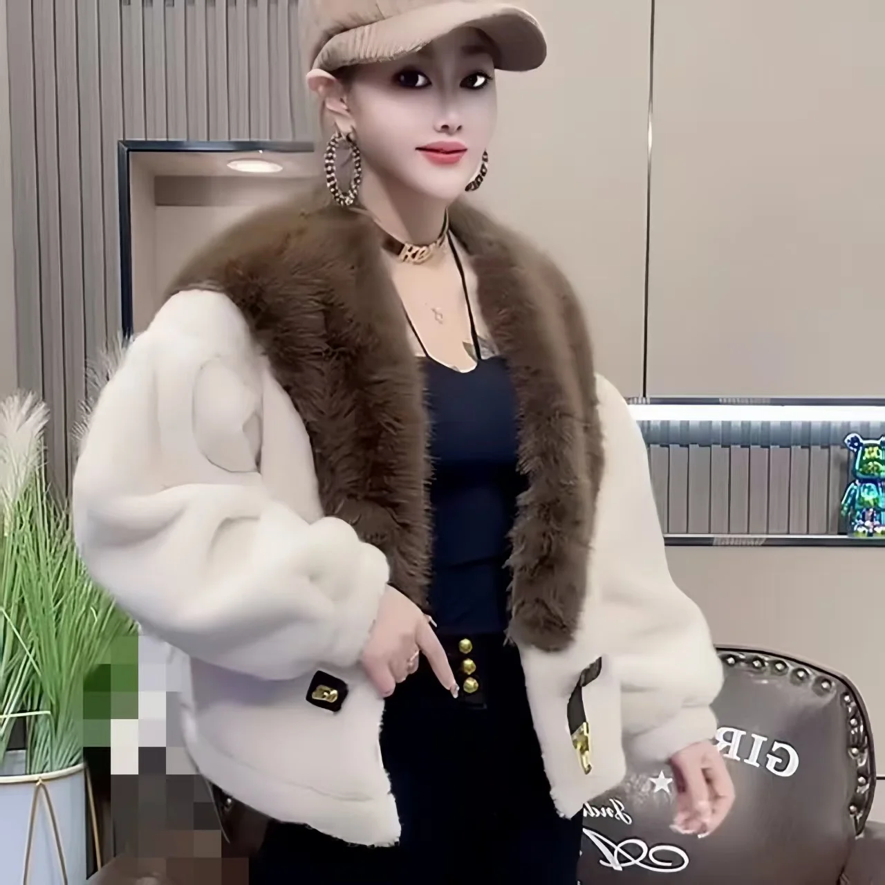 Faux Mink Fur Coat for Women,Single Button Jacket,Turn-down Collar Outwear,Spliced,Autumn and Winter,2025