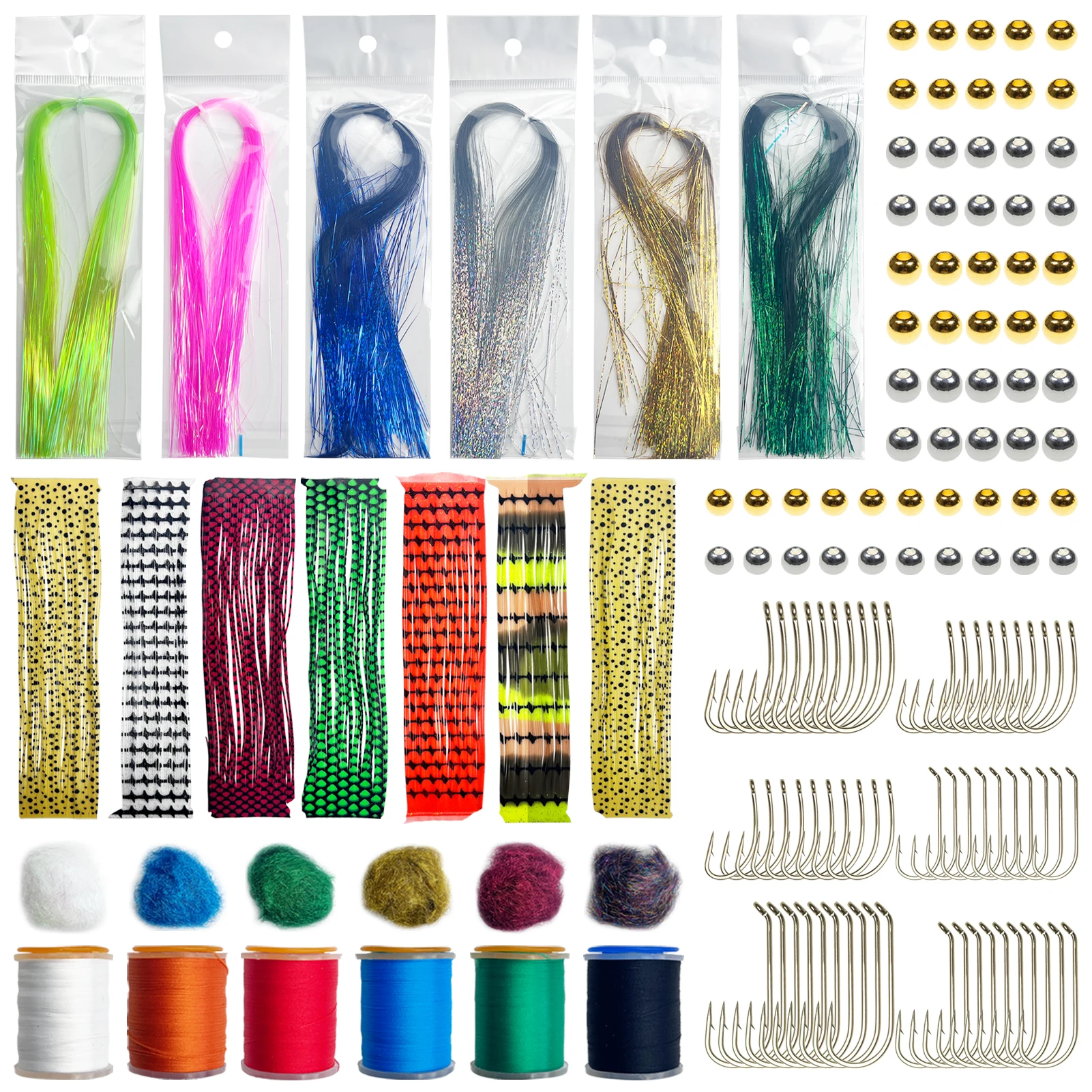 145pcs Fishing Flies Accessory Kit Tying Flies Materials Hooks Feathers Fur Thread Crystal Flash Wires Beads Fishing Line Baits