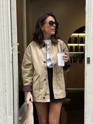 HH Female Street Single Breasted Canvas Loose Coat Autumn Woman Fashion Vintage Turndown Collar Long Sleeve Pocket Jacket