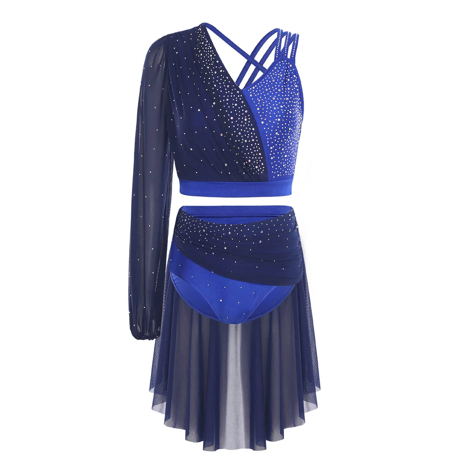Abito da ballo jazz lirico da donna con strass, manica singola, top corto senza schienale con gonna a rete, slip, costume da competizione in 2 pezzi
