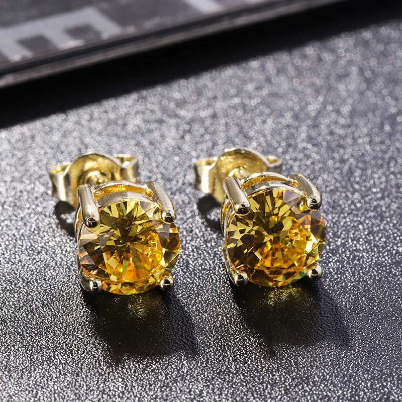 Yellow Crystal Round Stone Earrings Classic Four Claw Small Stud Earring For Women Vintage Fashion Gold Color Birthstone Jewelry