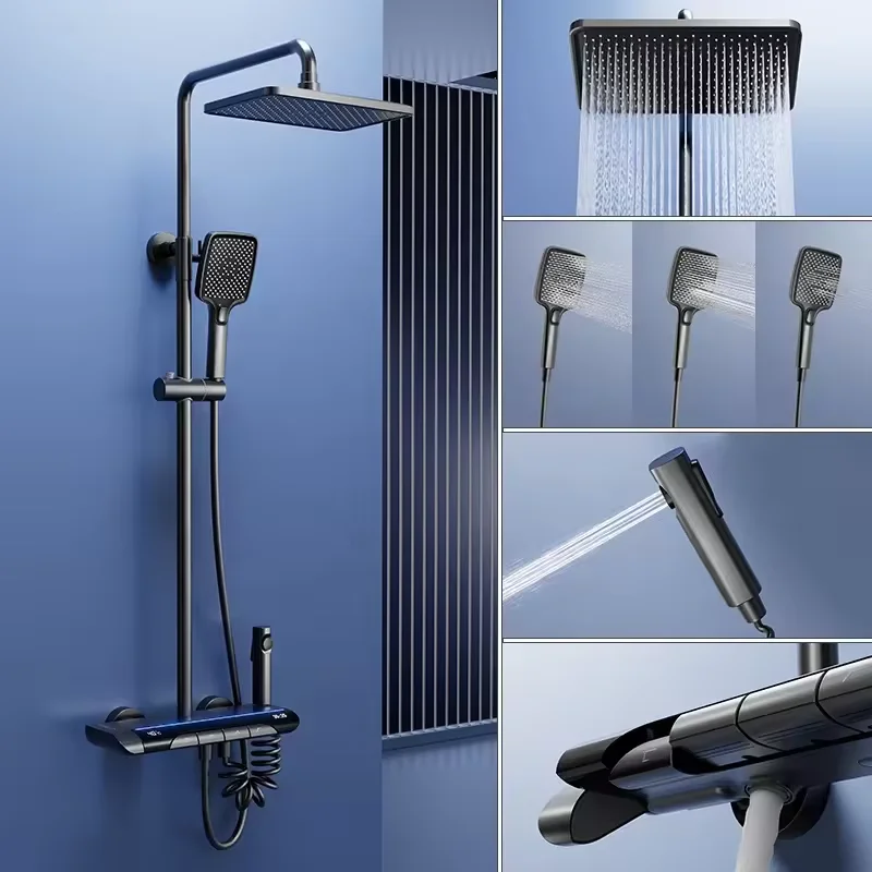 Thermostatic Digital display bathroom shower set with Atmosphere Light All Copper 4 Function Waterfall Shower System