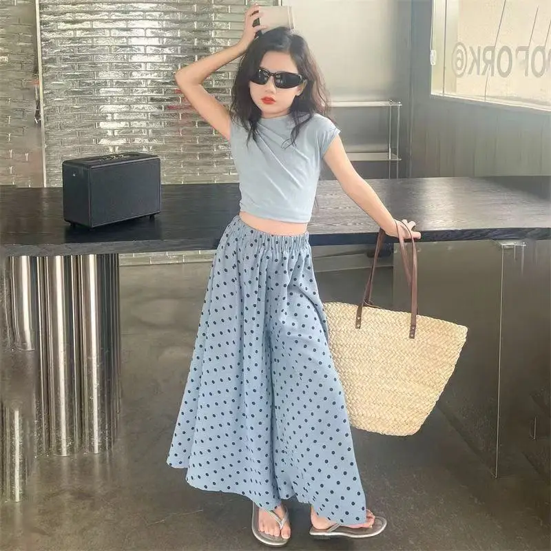 

5-15 Years Girls' Summer Set 2025 New Style Big Girl Stylish Short Sleeve T Wave Point High Waist Pants Two Piece Set 120-170CM