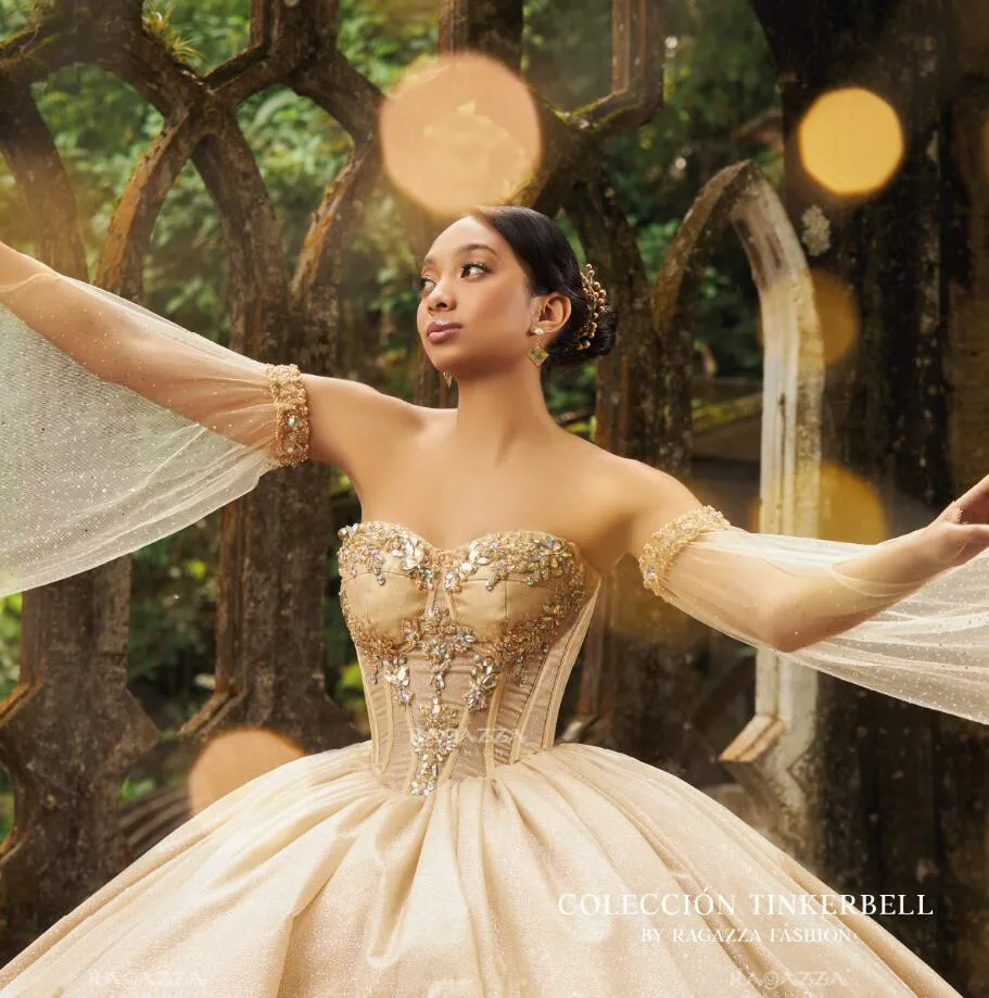 Vestido de quinceañera de princesa de Gillter dorado champán, manga de Hada, vestido de cristal de corazón, depuración, 15 años, tema galáxia