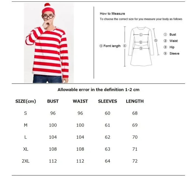 Adultos Hombres Damas Wally Wenda Waldo Disfraz de personaje Traje rojo blanco Semana del libro Vestido de lujo Incluye camisa Sombrero Gafas