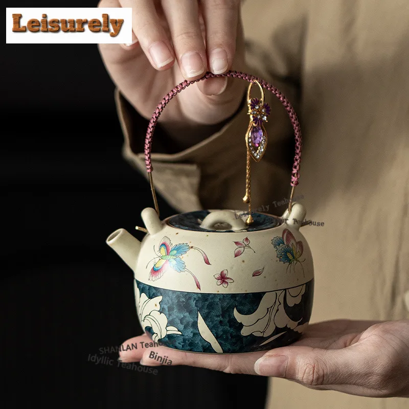 

220ML Hand Painted Butterfly Lily Caramel Lifting Handle Teapot Zen Tea Infuser Pot Tea Soaking Kettle With Ball Hole Drinkware