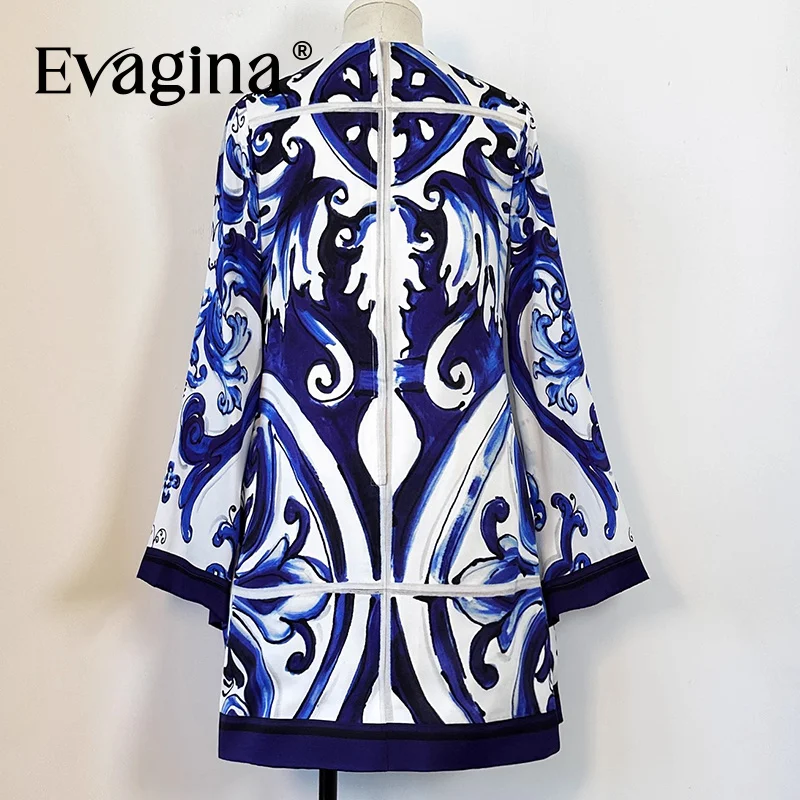 Evagina 2025 الخريف والشتاء الأزرق السيراميك طباعة غير مرونة فضفاضة بأكمام طويلة فستان حريري رائع القرن كم ألف خط تنورة