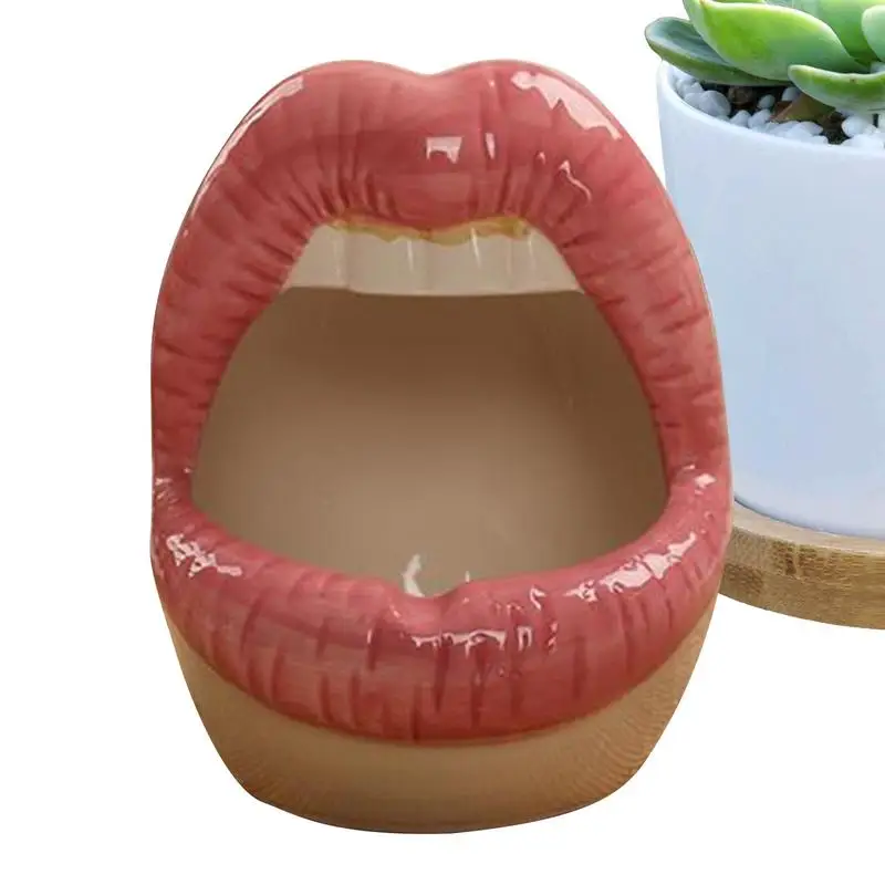 

Lip Flower Pot Jewelry Tray Decorative Planter Pot Desktop Hairpin Storage Organizer Ceramic Red Lip Lipstick Holder Planter