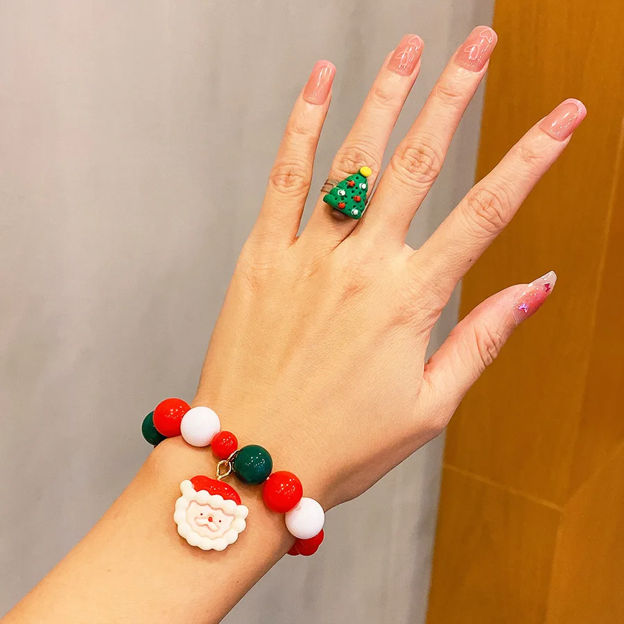 5 Pcs Kids Bracelet Ring Earring Set Santa Elk Girls Gift Holiday Party Ring Ear Clip Childrens Jewelry