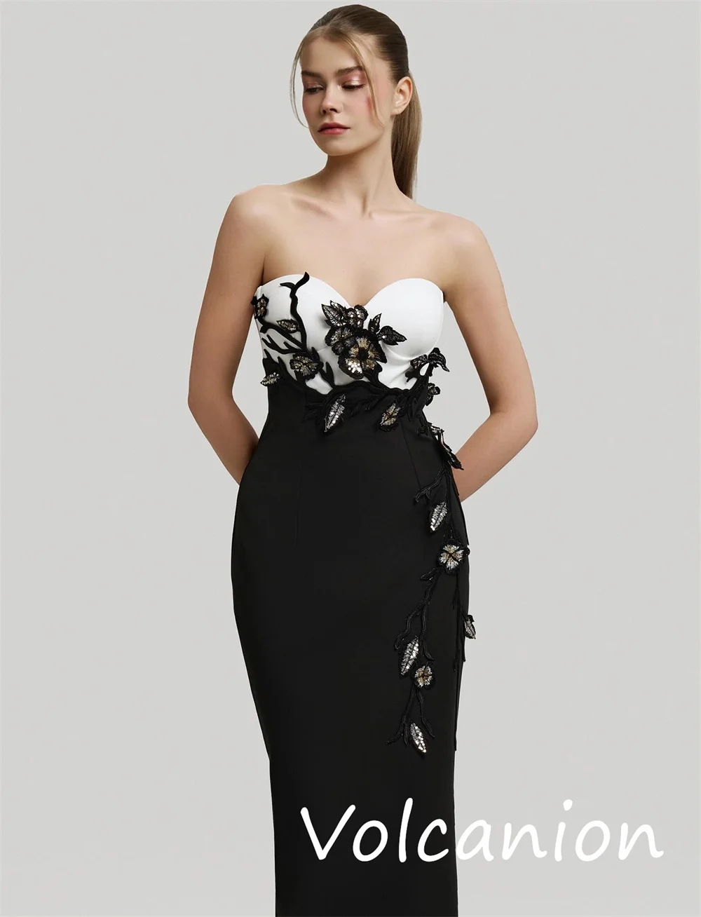 Customized Intricate Matching Jersey Sequined Flower Trumpet Strapless Long Dresses Bespoke Occasion Fashion