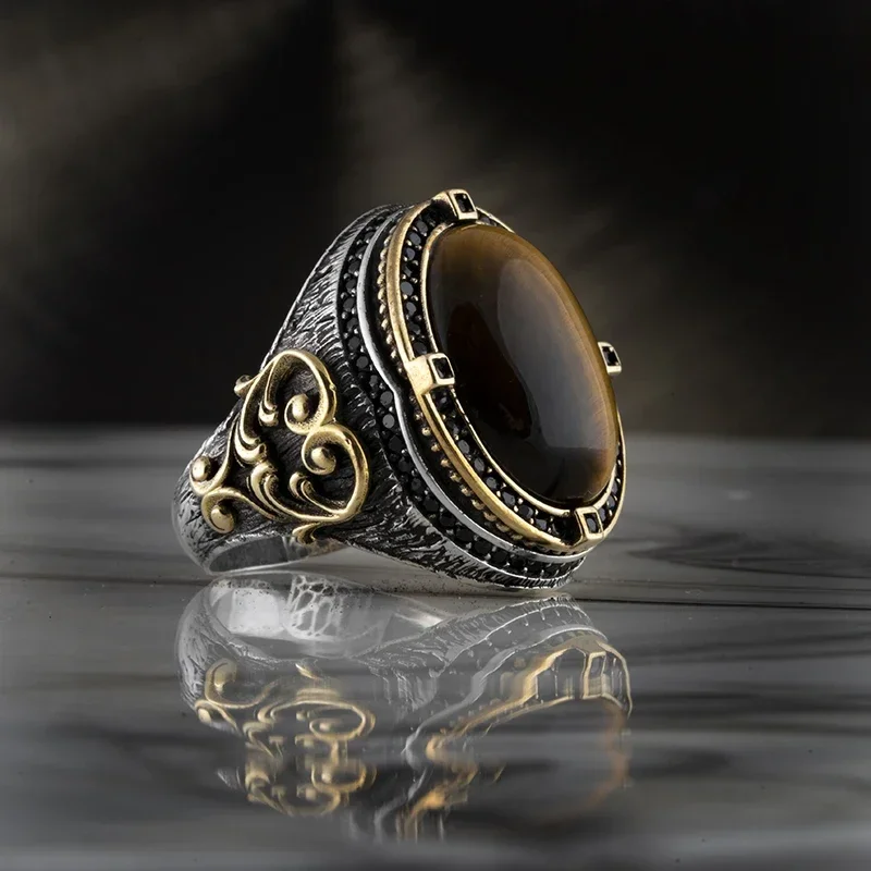 New Copper Material Open Adjustable Ring Amber Gemstone Personality High Jewelry Fashion Luxury Business Men\'s High-end Ring