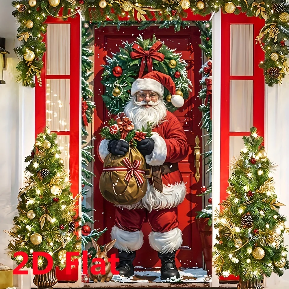 1 Piece 2D Christmas Themed Banner with Santa Claus Gift Bag and Rabbit Pattern, Perfect for Holiday Home Decoration