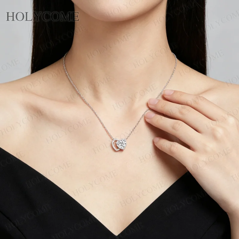 2CT Herzschliff Moissanit-Anhänger Halskette S925 Sterling Silber Platinbeschichtet Doppelherz D-Farbe VVS1 für Damen Feiner Schmuck – Detail 9