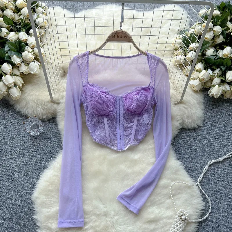 Women Sexy Elastic Mesh Sheer Patchwork T Shirt Long Sleeve Chic Tees Solid Crop Top Slim Tshirt Women Spring Summer Streetwear