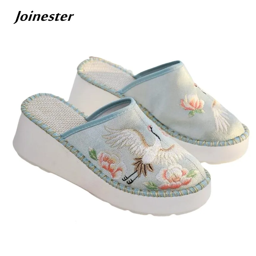 

Women Round Toe Embroidered Summer Wedge Slipper Vintage Style Thick Soled Dress Shoe for Ladies Breathable Linen Mule