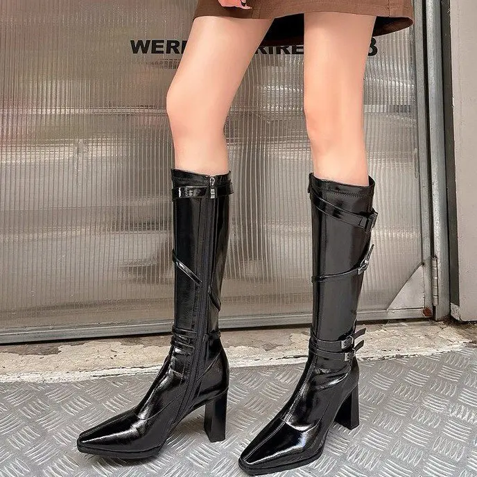 

Women's High Heel Long Boots Autumn Winter New Style Belt Buckle Thick Heel Slimming Knight Boots Fashionable above Knee
