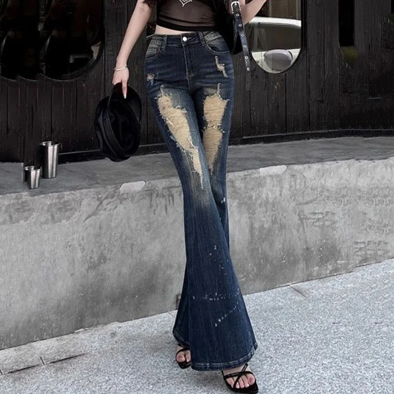 

2026 Spring American Spicy Girl Micro Flared Ripped Jeans for Women High Waist Slim Fit and Slimming Flared Pants Skinny Jean