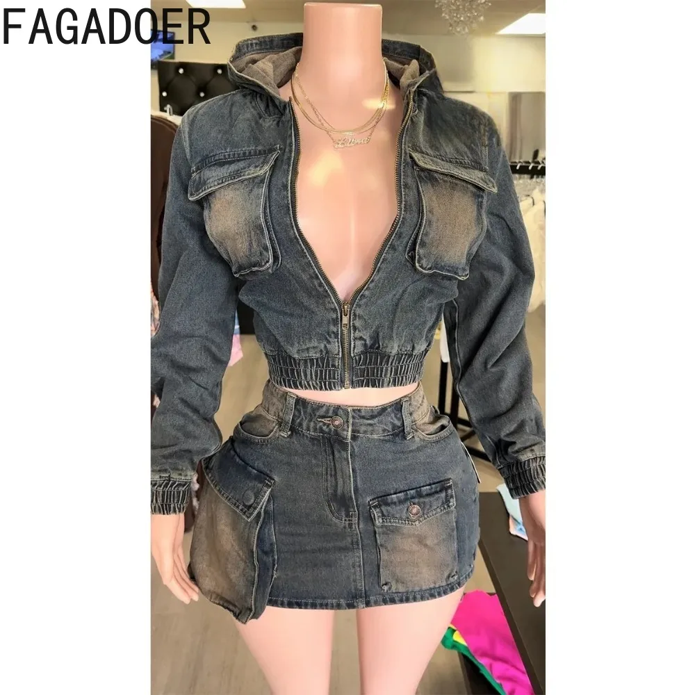 FAGADOER Y2k Retro Denim Two Piece Set Hot Girl Cargo Pockets Patchwork Zip Jacket and Stretchy Mini Skirts Suits Streetwear New