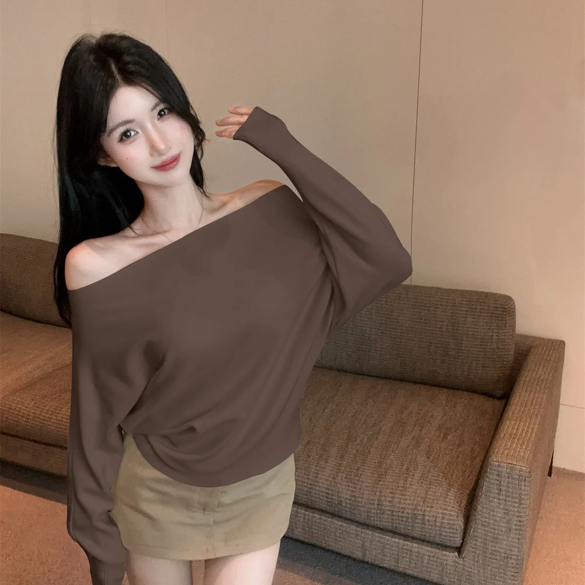 

Длинный светящийся вязаный свитер на одно плечо с завязкой на талии, новый осенне-зимний женский топ Faion Ele Sle небольшого размера