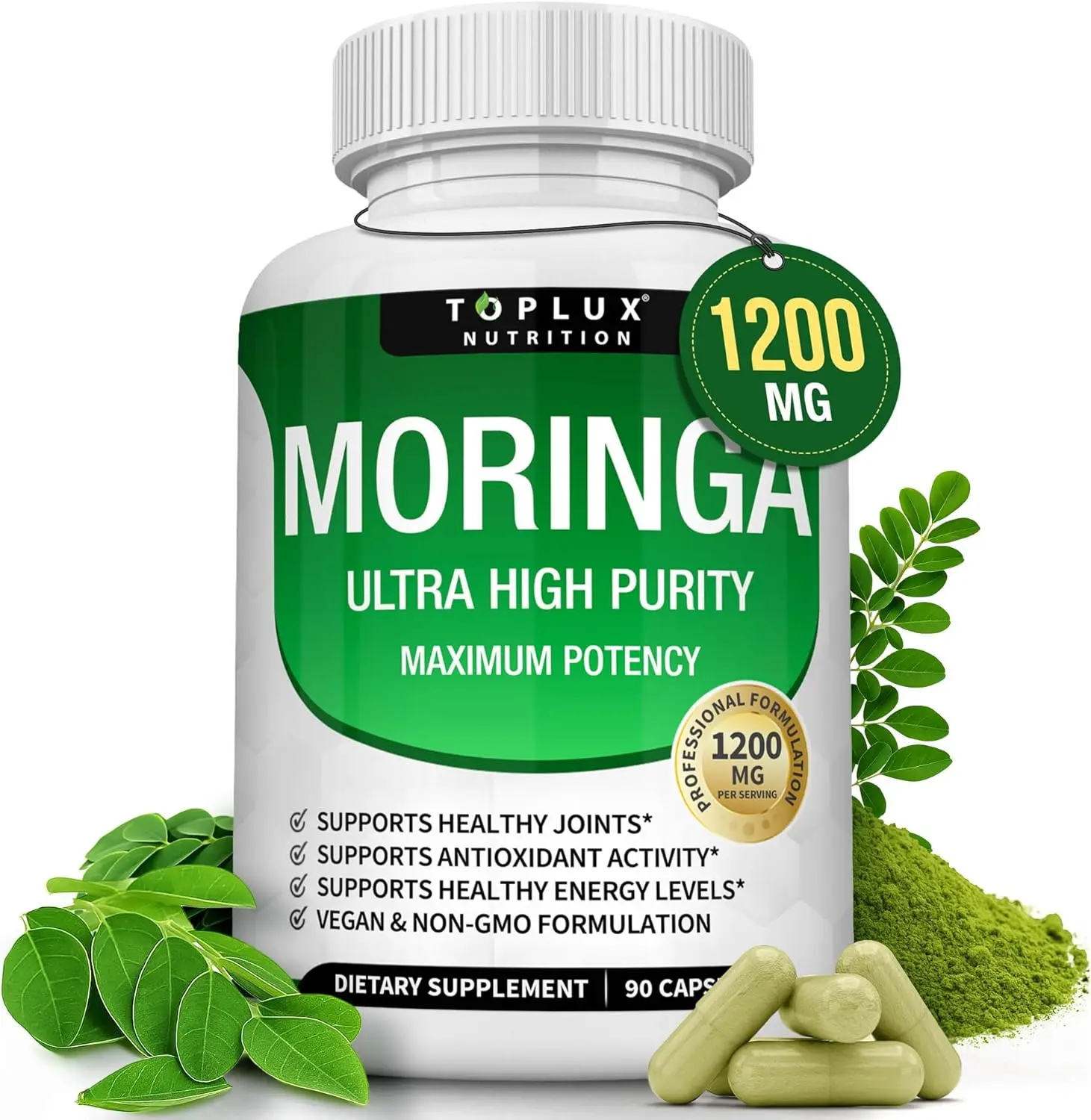 Moringa Capsules 1200mg - Pure Moringa Powder High Potency Leaf Extract Greem Superfood for Energy & Immune Support, 90 Capsules
