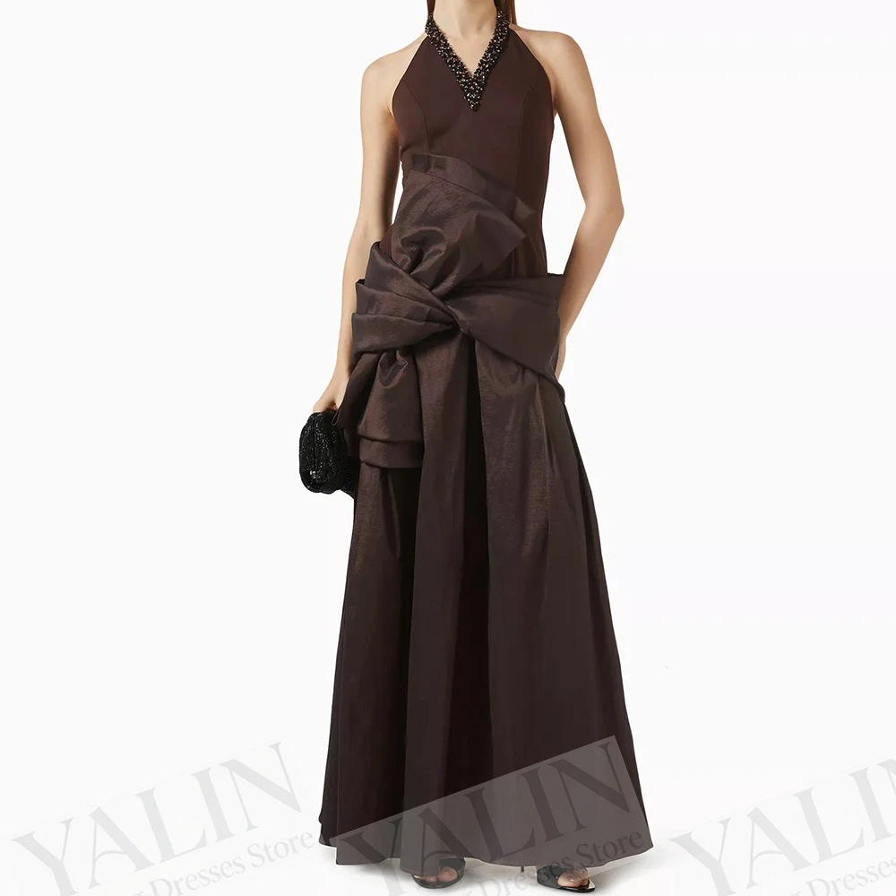 

Women's A-line Evening Dresses Ankle-length V-neck Sleeveless Prom Gown Fashion Sequined Pleat Backless Draped Customized Gowns