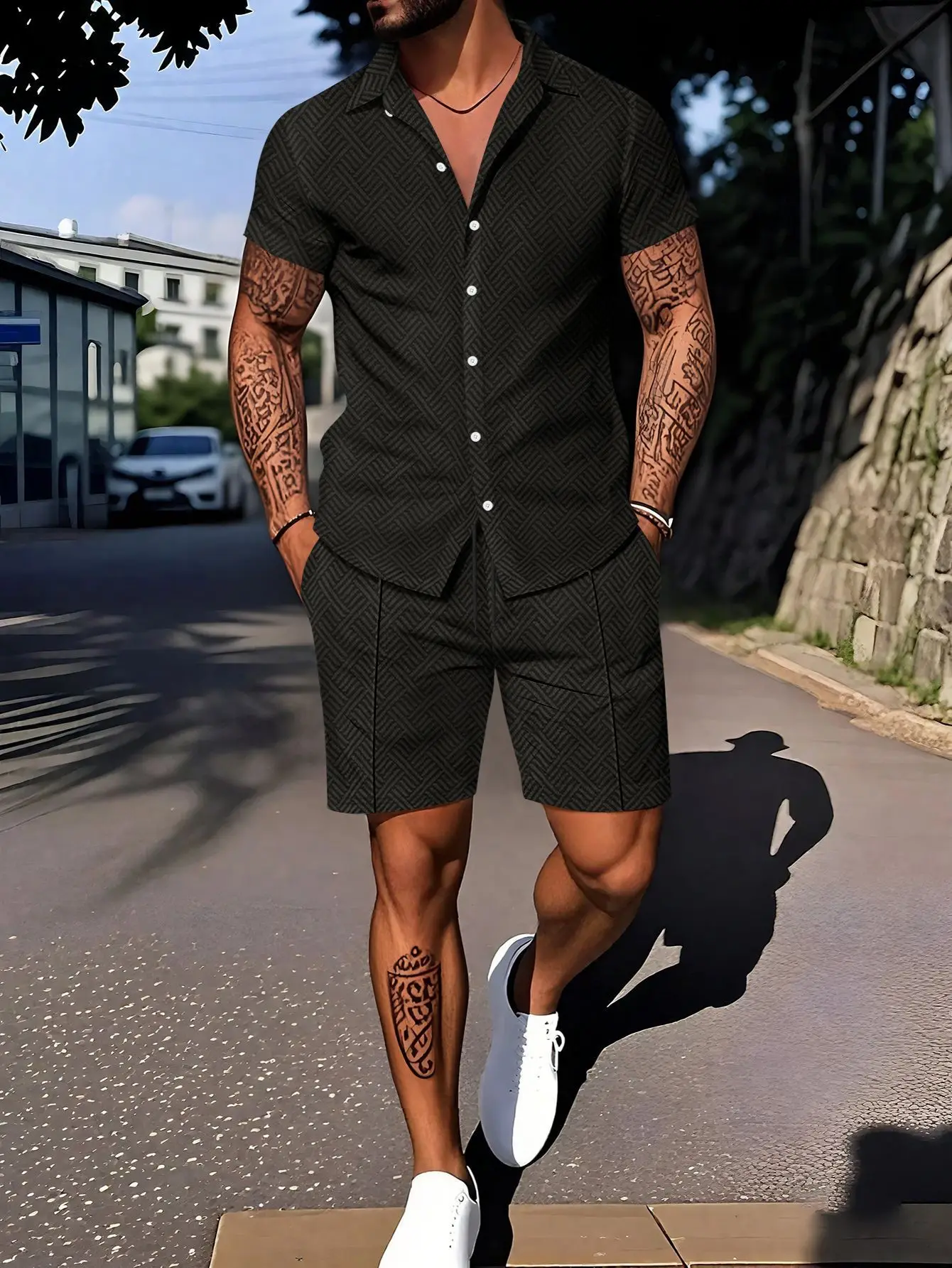 Men's Suit: Fashionable Printed Casual Solid-Color Cardigan, Lapel, Short-Sleeved Top, Pocket Drawstring, Light Shorts